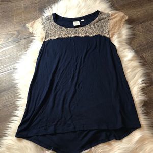 Anthropologie Navy Blue Top with Beige Lace Yoke